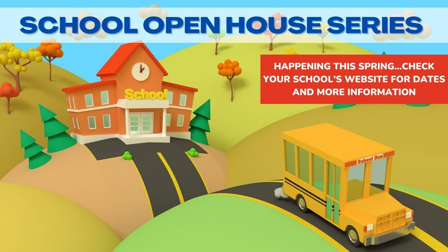 open house series graphic - school bus illustration on road driving away from school house